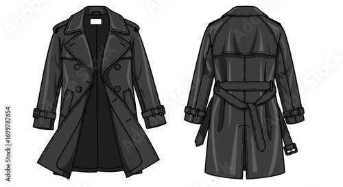 Stylized monochrome graphic of a classic trench coat design emphasizing tailoring and a minimalist aesthetic