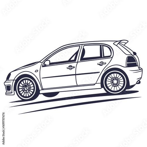 Dynamic hatchback car line art illustration in profile, showcasing a sleek and modern design ideal for automotive enthusiasts and graphic projects