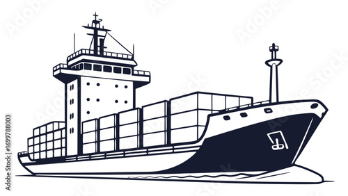 Large container ship sailing on the ocean, carrying numerous freight containers for global trade and international shipping. An illustration of a modern cargo vessel