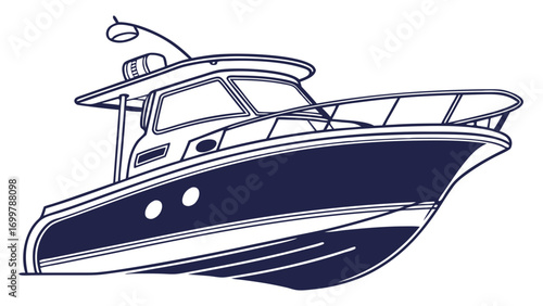 Detailed outline illustration of a sleek modern motor yacht, perfect for luxurious water travel and recreational boating activities, embodying maritime adventure and freedom on the open sea