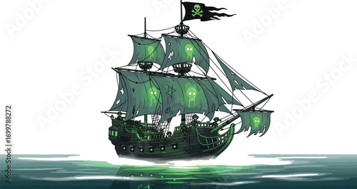 Ghostly pirate galleon sails dark seas with glowing skull sails