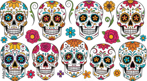 Vibrant sugar skulls with floral decorations celebrate Dia de Muertos
