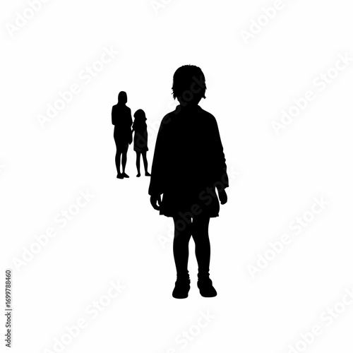 Silhouette of an orphan child observing a happy family from a distance isolated on white background