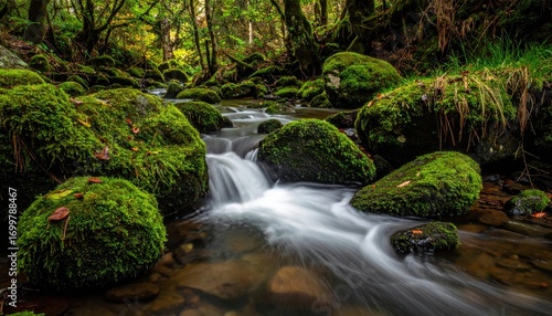 A peaceful stream flows through a forest, surrounded by moss-covered rocks and vibrant greenery, creating a tranquil natural scene.