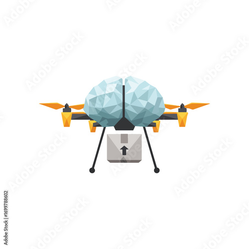 AI Brain Drone Delivering Package, Symbolizing Advanced Intelligence, Smart Robot Delivery, Machine Mind, Neural Tech, and Futuristic Robotics Evolution