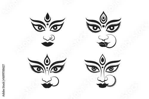 Maa Durga silhouette vector illustration, Maa Durga face silhouette bundle 