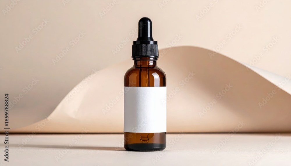 Naklejka premium Brown glass dropper bottle with blank label, ideal for skincare or essential oils, set against a neutral backdrop.