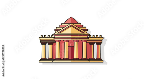 Stylized architectural rendering presenting a cartoon rendition of an ancient temple design reminiscent of classical structures