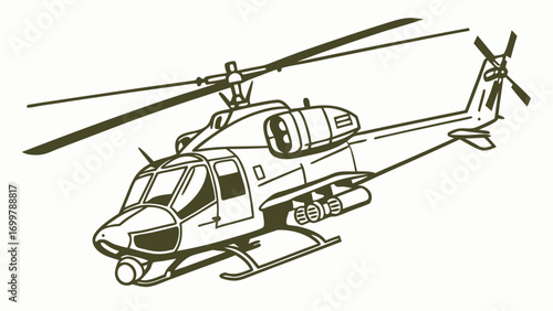 Detailed vector line art of a tactical combat helicopter, an agile aerial vehicle prepared for defense and reconnaissance missions