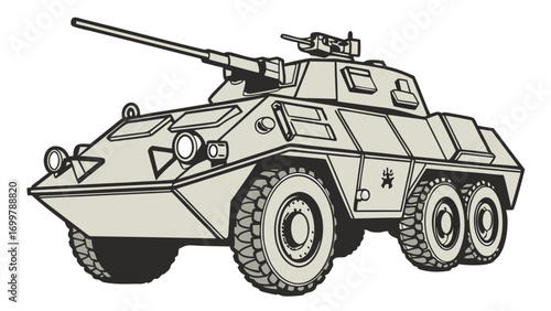 Heavy-duty armored vehicle illustration, designed for military operations and defense strategies, providing security and formidable combat capabilities
