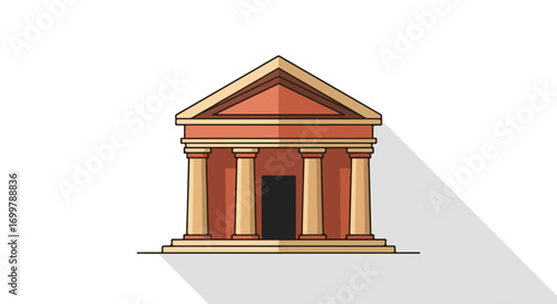 Stylized cartoon drawing depicting a classical building with imposing columns and a long shadow, isolated on a pristine white background