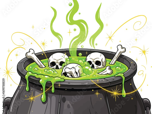 Bubbling cauldron filled with spooky green potion and skulls, emitting magical mist.