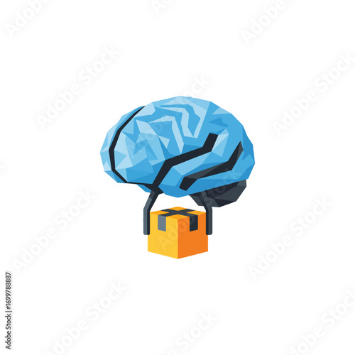 Brain-shaped robotic operator with a parcel, symbolizing intelligence, imagination, cooperation, and problem-solving in an icon set for monitoring and efficiency progress