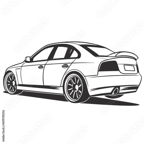 Captivating monochrome line art illustration of a powerful, modern sedan, embodying sleek automotive design and dynamic speed concept for graphic projects
