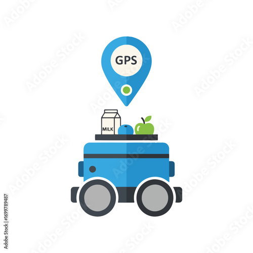 A blue delivery robot with wheels, carrying groceries like milk, blueberries, and an apple, navigates using a GPS location pin.
