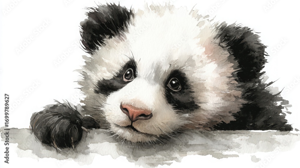 Obraz premium A charming watercolor painting showcases a delightful baby panda resting its head with captivating eyes, radiating innocence and gentle charm on a white surface.