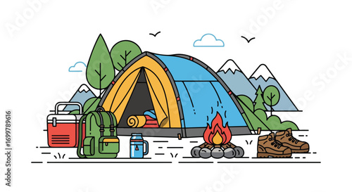 Delightful camping scene with cozy tent, crackling campfire, and scenic mountain views illustration