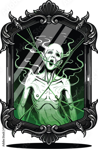 Ethereal spirit trapped and struggling within a dark, ornate mirror.