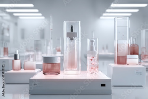 Advanced cosmetic laboratory showcasing futuristic skincare technology and elegant floating product packaging in a digital holographic display, captured with soft diffused lighting for luxury content.