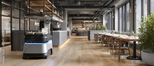 Wallpaper Mural Modern restaurant interior with self-operating robot delivering meals to customers, captured in clean bright lighting for showcasing smart food service innovation and hospitality technology branding. Torontodigital.ca