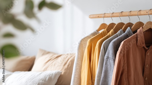 Bright minimalist bedroom featuring a cozy bed beside a stylish wardrobe filled with colorful clothes, captured in soft natural light to promote modern home organization and interior styling ideas.