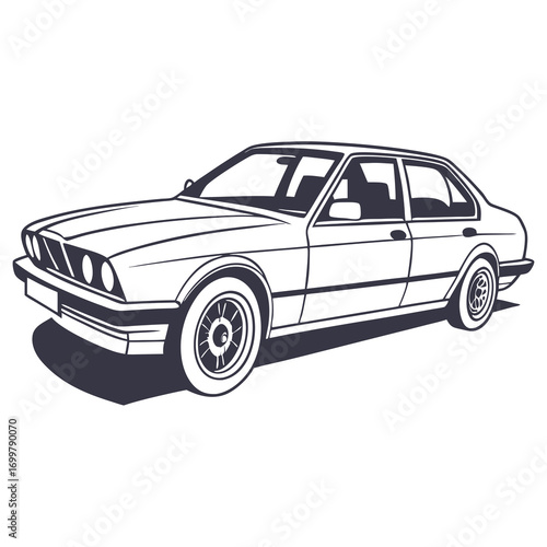 Stylized vector illustration of a classic four-door sedan car, showcasing timeless automotive design with clean lines and a retro aesthetic