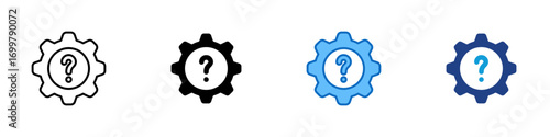 Question Gear Multiple Style Icon Sheet Design Vector - Gear with a question mark, symbolizing technical issues, system error, or problem-solving