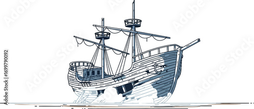 Old sailing ship sinks in ocean waves, adventure lost