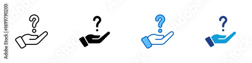 Help Hand Multiple Style Icon Sheet Design Vector - Open hand holding a question mark, symbolizing offering help, guidance, or support