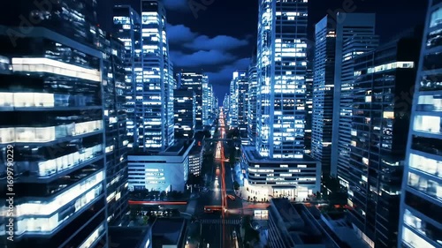 Aerial view of a bustling city skyline at night, illuminated skyscrapers lining the streets