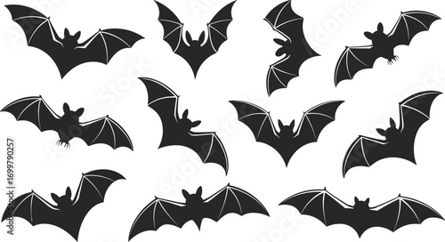 Bat silhouettes flying, Halloween theme, night creatures, spooky animals, Halloween decorations, dark wings, scary bats, Halloween icons, eerie wildlife, nocturnal animals
