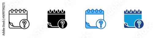 Question Calendar Multiple Style Icon Sheet Design Vector - Calendar page with a question mark, symbolizing scheduling inquiries, planning doubts, or uncertain events