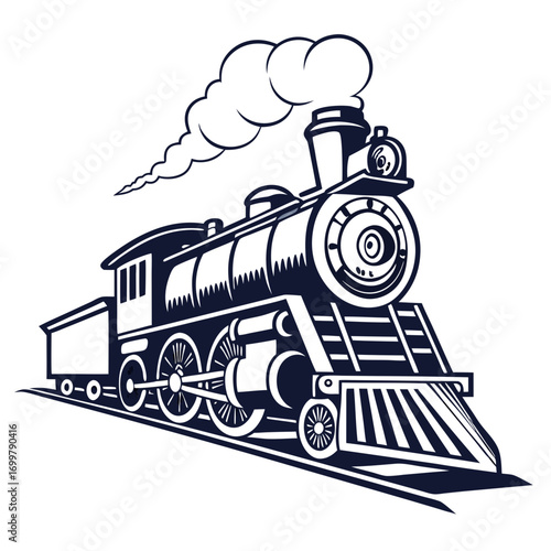 Classic vintage steam locomotive vector illustration of an engine with smoke, symbolizing historical industrial transport and allure of rail travel