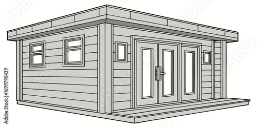 Modern Log Cabin Structure With Windows And Double Doors Outdoor Decking