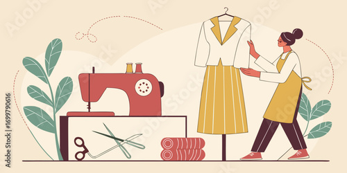 Creative fashion designer crafting elegant garments with sewing machine and mannequin