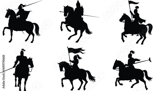 Medieval knights on horseback silhouettes with flags and spears, horse riders in armor, historical warrior vector icons