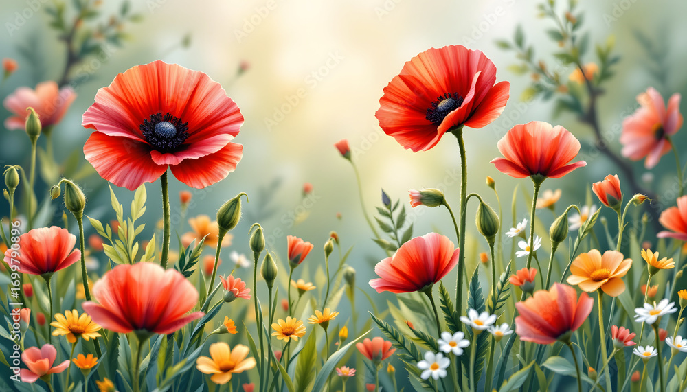 Fototapeta premium Watercolor Poppy Vignette Textured Paper with Cozy Atmosphere