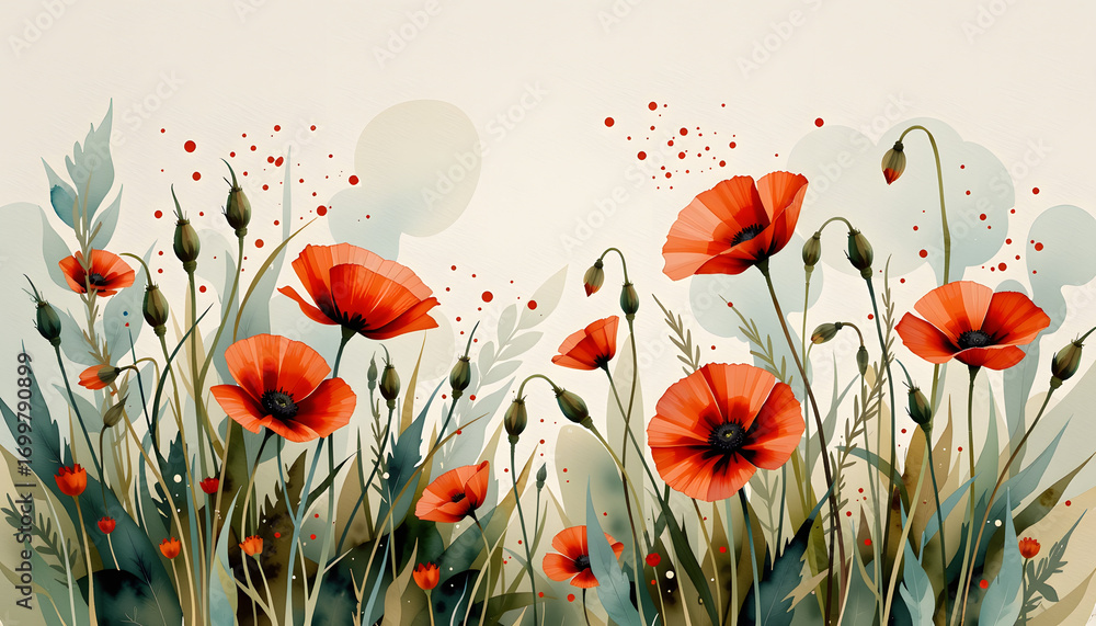Obraz premium Watercolor Poppies Cozy Meadow Scene