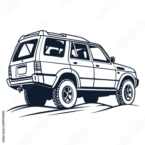 Detailed monochrome illustration of a rugged four-wheel-drive SUV, perfect for adventure, exploration, and challenging terrain, showcasing its robust design and readiness for off-road journeys