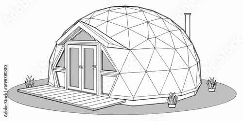 Illustrative drawing of a geodesic dome home featuring an entrance and chimney
