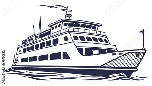 Classic ferry boat illustration sailing across the waves, perfect for maritime travel and water transportation concepts, symbolizing journeys and voyages across water