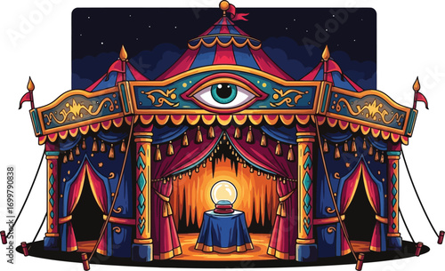 Mysterious fortune teller tent with crystal ball and eye
