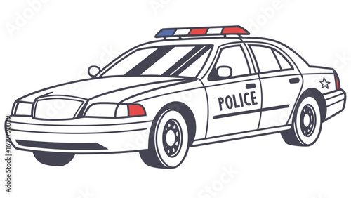 Classic outline drawing of a law enforcement patrol vehicle with emergency lights, representing police services and public safety operations
