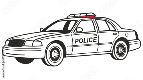 Detailed monochrome line art illustration of a classic patrol car, equipped with emergency lights, representing the omnipresence of law enforcement and public security