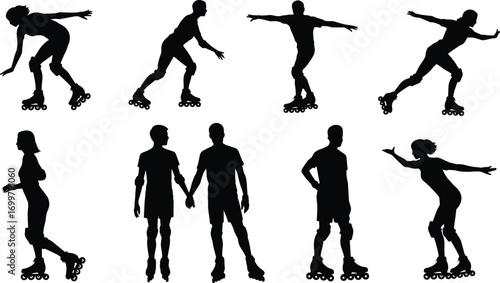 Roller skating silhouettes, people skating on roller skates, outdoor activity, sport exercise, fun fitness, urban lifestyle, skating poses, movement, active recreation