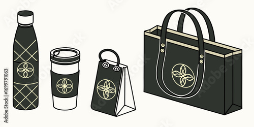 Stylish Black Merchandise Collection Featuring Reusable Bottle Cup Tote Bag and Shopping Bag with a Circular Emblem