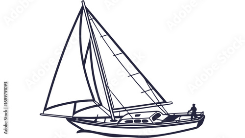 Minimalist vector line art illustration of a classic sailboat with a person, embodying the spirit of maritime adventure, freedom, and joy of recreational sailing on the water