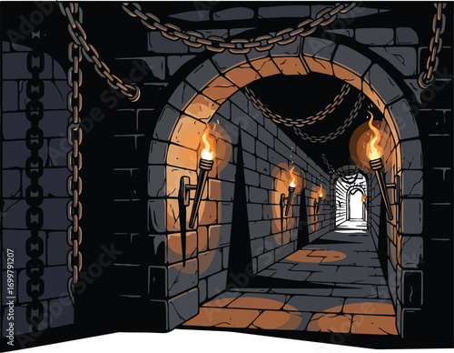 Mysterious, dimly lit stone corridor with flickering torches and heavy chains
