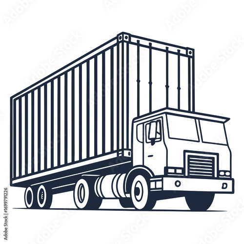 Vector illustration of a modern commercial semi-truck carrying a large shipping container, symbolizing global logistics, freight transportation, and reliable delivery services across long distances