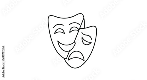 Duality of emotions depicted through theatrical masks in a minimalist black and white outline style graphic representation